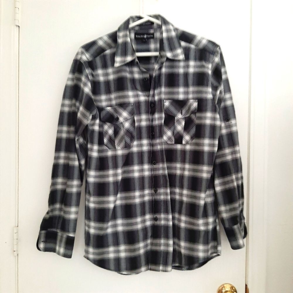 Beverly Hill Polo Club Plaid Button Down Shirt Large Cotton Blend